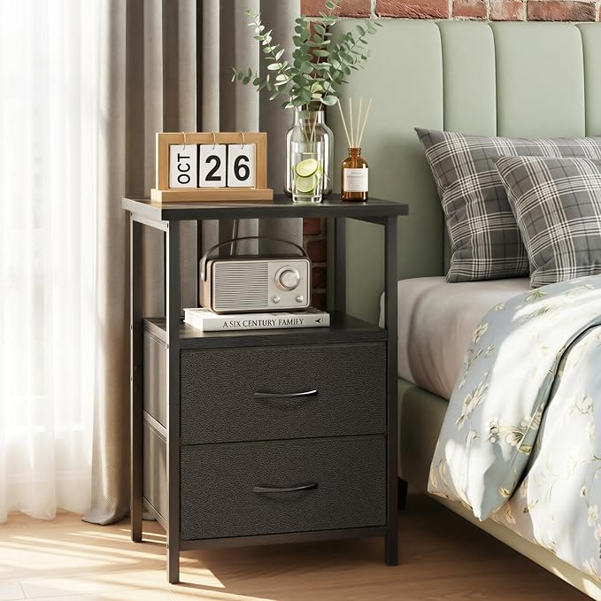 Fixwal Black Night Stand with Charger Station, Nightstand with Charging Station & Fabric Drawers - Image 2