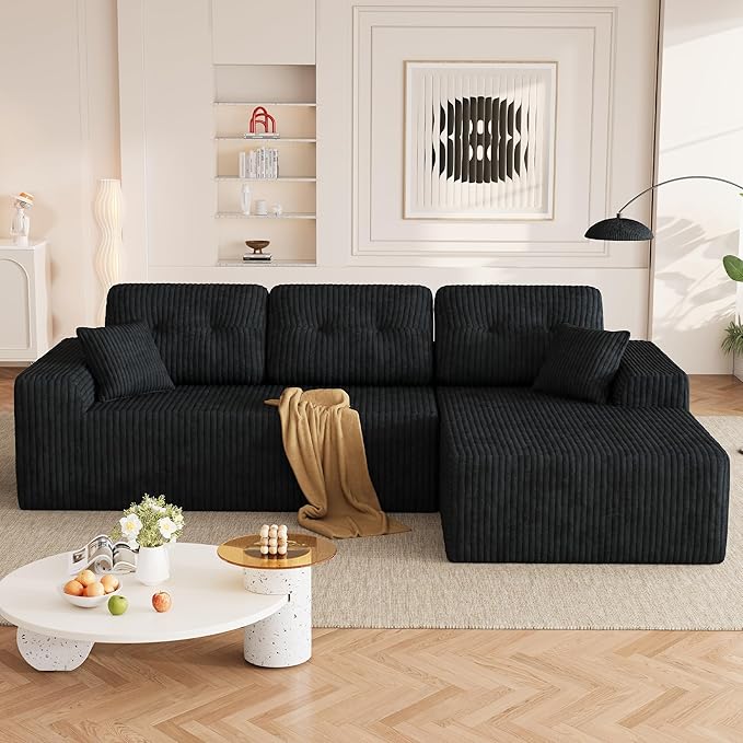 Ball & Cast 106" Cloud Sectional Couch, Compressed L-Shaped Sofa with Deep Seat Chaise, Boneless No Assembly Modular Couch, Foam & Spring Support, 2 Boxes (Right Facing, Corduroy Black)