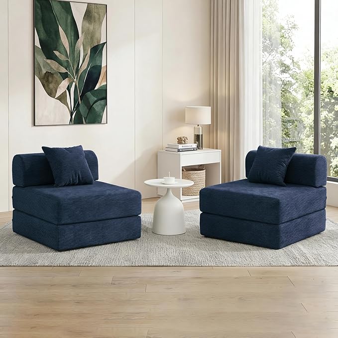 31.5'' Convertible Compressed Corduroy Folding Cloud Sofa Bed Set of 2, 2 Pieces Modern Boneless Pull Out Sleeper Sofa Couch, 3 in 1 Portable Floor Lounge Chair Set, No Assembly Needed, Navy Blue