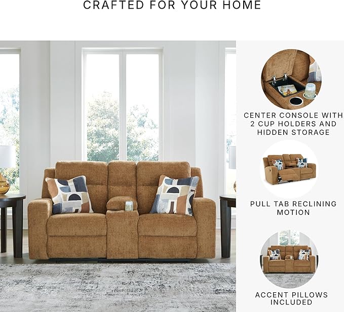 Signature Design by Ashley Kanlow Contemporary Manual Double Reclining Loveseat with Console, Storage, Cup Holders and 2 Accent Pillows, Light Brown