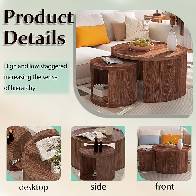 Round Nesting Coffee Table Set of 2, Mid Century Modern Circle Coffee Table, 31.5"&18" Wooden Circle Accent Tables with Wood Top, Minimalist Center Table, Space-Saving Side Table Set for Living Room