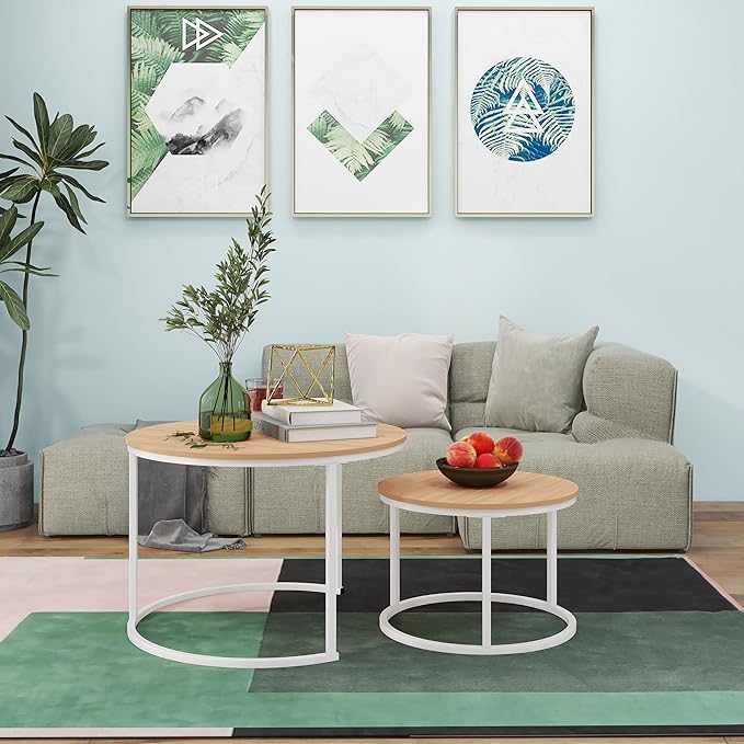HOJINLINERO Round Coffee Table,Nesting Coffee Table Set of 2,Center Tables for Living Room,Office, Home Small Space,Stacking Side Tables,Sturdy and Easy Assembly,Wood Desktop,White+Teak OAKDK,Large
