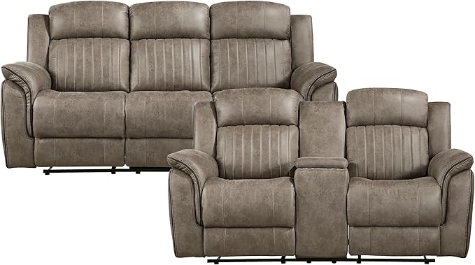 Lexicon Recliner Living Room Set, Home Theater Seating, Manual Polished Microfiber Upholstery Sofas, RV Couch Including Double Recliner Sofa and Loveseat, 2-Piece Set, Sandy Brown