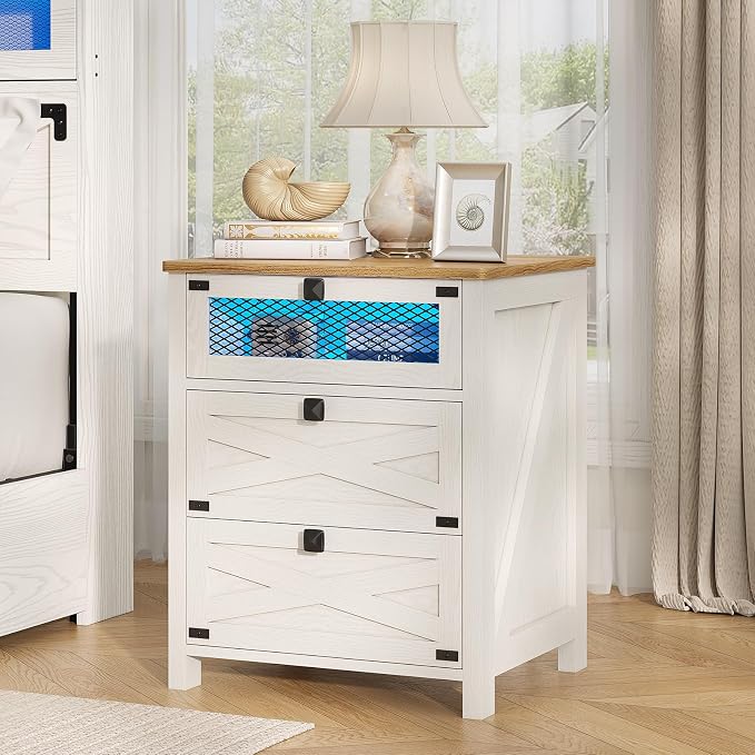 Hasuit Farmhouse Night Stand for Bedroom, Rustic Vintage White Nightstand with Charging Station and LED Lights, Bedside Table with 3 Drawers, Retro Side End Table with Storage by Hasuit