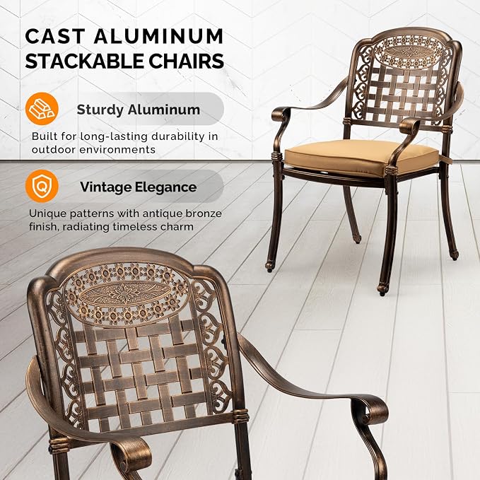 VINGLI Patio Chairs Set of 2 - Stackable Outdoor Cast Aluminum Dining Chairs with Vintage Bronze Finish and Plaid Pattern, Metal Armchairs for Poolside, Backyard, Balcony (with Cushion) - Image 4