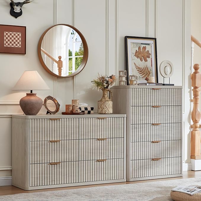 LEYAOYAO Fluted 5 Drawers Dresser for Bedroom, 41" Tall Modern Chest of Drawers with Metal Handle, Curved Profile Farmhouse Closet Organizer Wood Dressers TV Stand for Living Room, Hallway, Lightgrey - Image 8