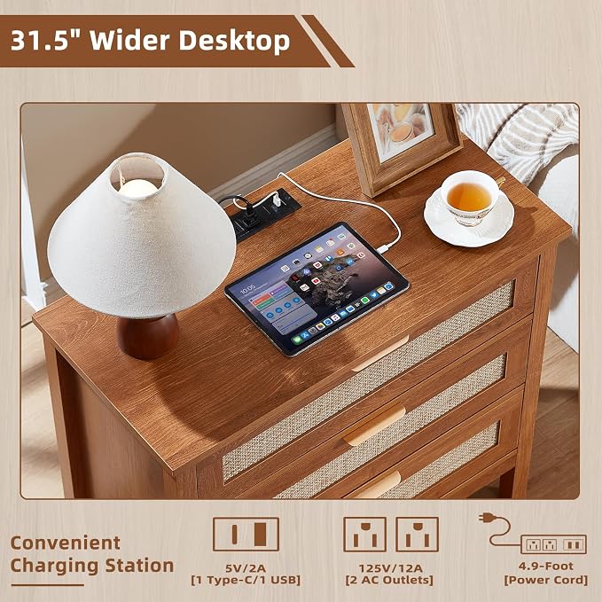 LEYAOYAO 31.5" Wide Rattan Nightstands Set of 2 with Charger Station, Large Boho 3 Drawer Night Stand, Teac Brown Bedside Table with Storage, Bed Side End Tables for Bedroom, Living Room, Hallway - Image 4
