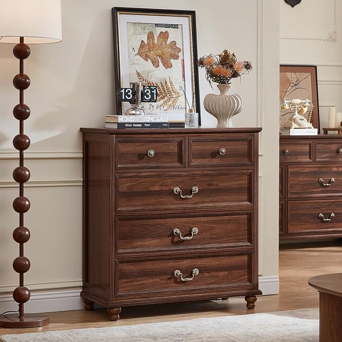 Joaxswe Farmhouse 5 Drawer Dresser for Bedroom, 35" Tall Rustic Chests of Drawers w/ 4 Solid Wood Feet, Mid Century Modern Wooden Closet Storage Dressers Organizer for Living Room, Hallway,Brown - Image 6