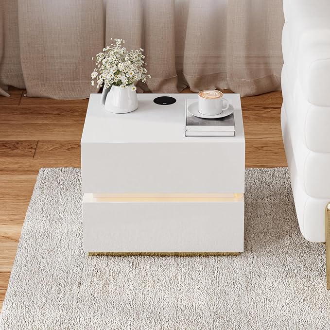 homary Smart Nightstand with LED Light, Wireless Charging Station, USB & Type-C Ports, 2 Drawers – Modern White Bedside Table for Bedroom Storage - Image 9