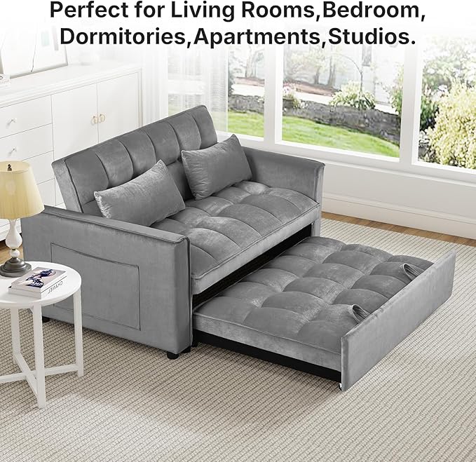Rovibek 3 in 1 Sleeper Sofa Bed, 53'' Pull Out Couch Convertible Futon Loveseat with Adjustable Backrest, Velvet Sleeper Chaise Lounge Futon for Apartment Office Small Space, Dark Grey