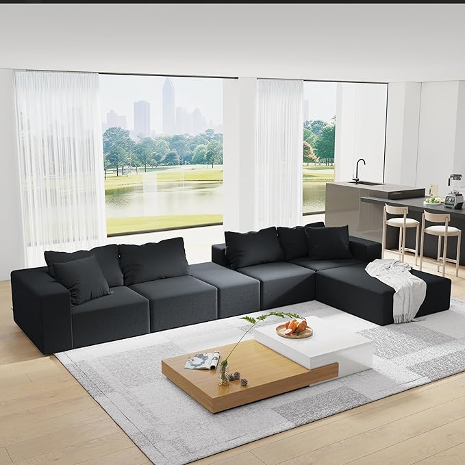 KEIKI Sectional Sofa Couch Set, Modular 132" L Shaped Couch Set with 6 Pillows, Free Combination Upholstered Sofa Couch for Living Room, Bedroom, Black