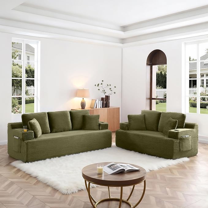 Eafurn Floor Loveseat Boneless Sofa Couch in a Box with Cup Holder and Side Pockets, 3 Seater Comfy Corduroy Upholstered Foam Couch with Deep Seating for Living Room,No Assembly | Breathable material, Cupholders