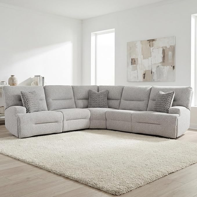 Signature Design by Ashley Acklen Place Stain Resistant Contemporary 5-Piece Power Reclining Sectional with Armrest, Throw Pillows and USB Port, Gray