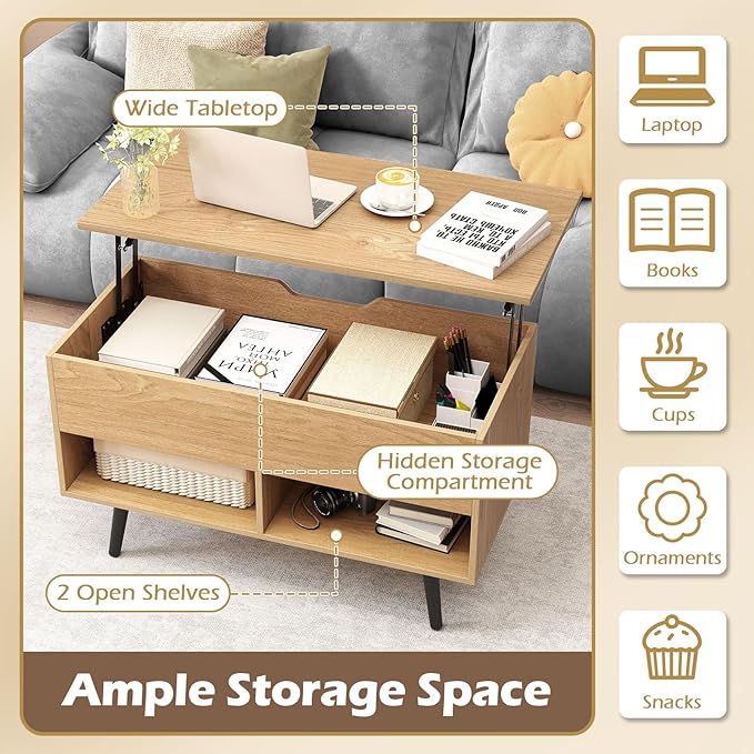 Giantex Lift Top Coffee Table, Modern Cocktail Table w/Hidden Compartment & 2 Open Shelves, Flip Top Center Table, Wooden Pull up Coffee Table for Living Room, Reception Room, Office (Natural)