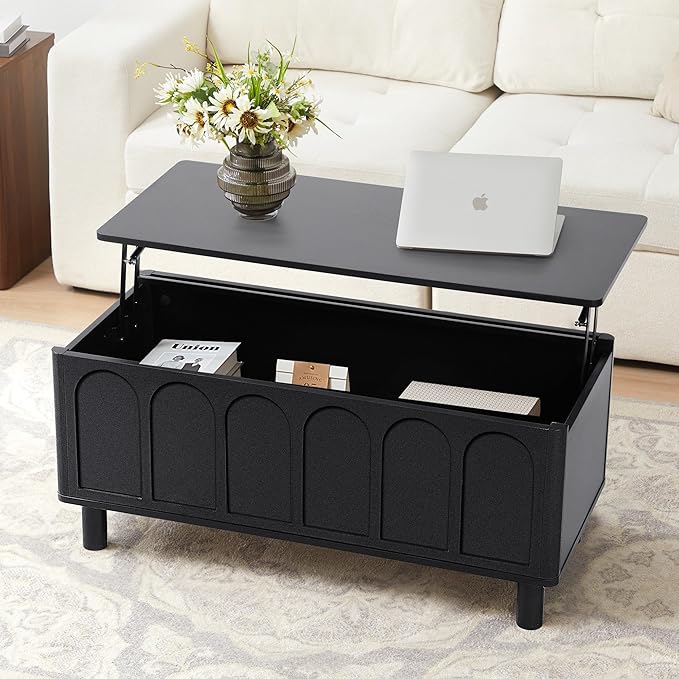 Lift Top Coffee Table with Arched Finish, Modern Coffee Table with Lifting Tabletop & Hidden Storage, Wood Center Table for Living Room,Convenient for Dining, Gaming or Working (Black)
