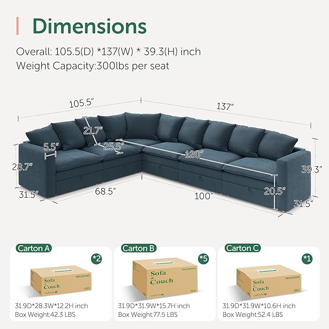 HONBAY Modular Sectional Sofa, 6 Seaters Corduroy Sectional Couch, L Shaped Couch with Storage & Pillows, Blue