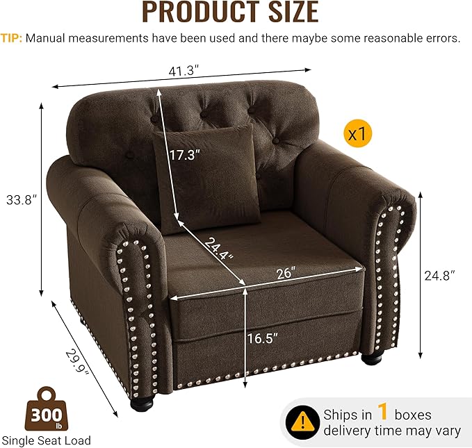 KEIKI 41" Velvet Chesterfield Sofa with Rolled Arms & Nailhead Trim, Modern Upholstered 1-Seater Button Tufted Couch with High Resilience Cushion & 1 Pillow, Easy Assembly, for Living Room, Brown