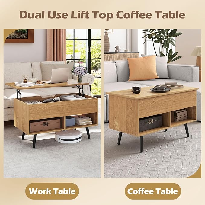 Giantex Lift Top Coffee Table, Modern Cocktail Table w/Hidden Compartment & 2 Open Shelves, Flip Top Center Table, Wooden Pull up Coffee Table for Living Room, Reception Room, Office (Natural)