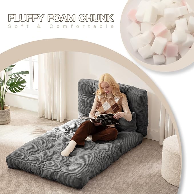 Folding Sofa Bed, Convertible Sleeper Chair with Pillow Foldable Mattress with Back Support, Portable Fold Out Chair Bed Comfy Floor Sofa Lounge for Living Room Bedroom, Dark Gray Twin 80x39 Inch