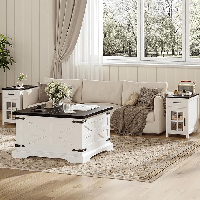 Farmhouse Coffee Table with Storage, Square Center Table for Living Room, Rustic, Hinged Lift Top Soft Close, Wood, Large Hidden Storage, Modern, Metal Corner, White Black