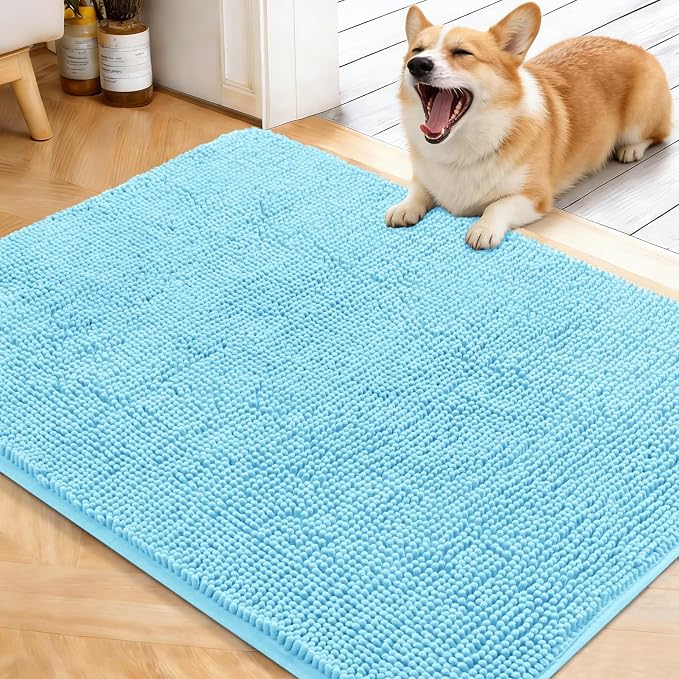 OLANLY Dog Door Mat for Muddy Paws 40x32, Absorbs Moisture and Dirt, Absorbent Non-Slip Washable Doormat, Quick Dry Chenille Mud Mat for Dogs, Entry Indoor Entryway Carpet for Inside Floor, Blue by OLANLY