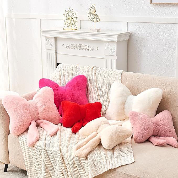 Red Bow Pillow,12'' Bow Decorative Pillows with Faux Rabbit Fur,Soft Bow Throw Pillows Aesthetic Bow Shaped Pillow for Bed Sofa Couch Home Decor