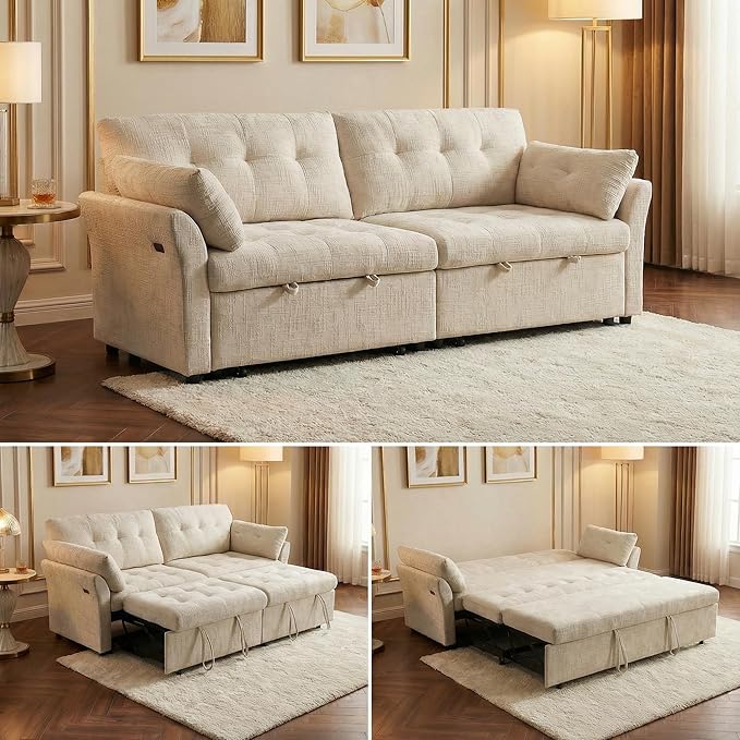 Casaphoria 3 in 1 Sofa Bed with Wheels & USB Port – Convertible Sleeper Sofa L-Shaped Pull-Out Bed for Living Room Apartment 3-Seater Couch in Beige
