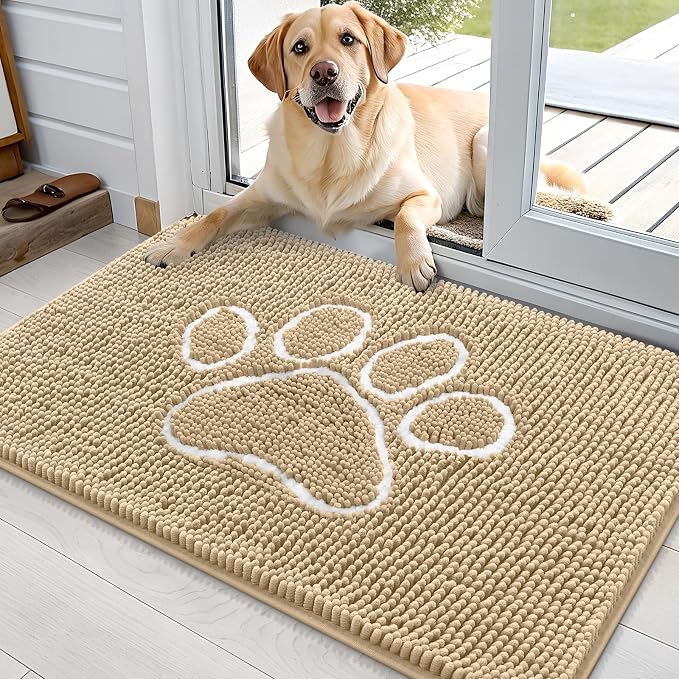 OLANLY Dog Door Mat for Muddy Paws 36x24, Paw Print Design, Absorbs Moisture and Dirt, Absorbent Non-Slip Washable Doormat, Quick Dry Chenille Mud Mat for Dogs, Entry Indoor Entryway Carpet, Beige by OLANLY