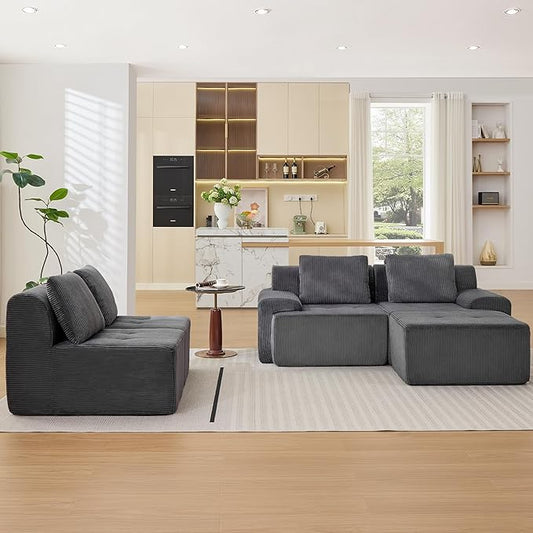 Modular Sectional Sofa, Boneless Couches for Living Room, Corduroy Couch, Big Comfy Couch, Modular Cloud Sofa with Deep Seat (Grey, 5 Pieces-Side Shape)