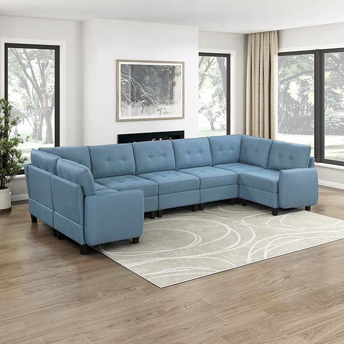 Lexicon U Shape Sectional Couch with Hidden Storage, Textured Fabric Modular Sectional Sofa with Button-Tufted Design, Reversible Back Cushion, 7 Seater Large Sofa, Blue