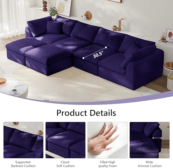 138" Modular Sectional Sofa Boneless Cloud Couch for Living Room, U Shape Deep Seat Recliner Sofa with Ottoman, Adjustable Backrest & 2 Throw Pillows - Covers Washable, (Purple, 4 Seater+2 Ottoman)