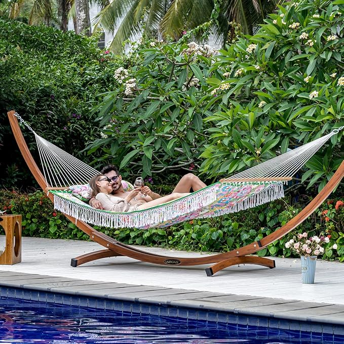 Lazy Daze Hammocks 12 FT Double Quilted Fabric Hammock with Extra Large Soft Pillow and Carrying Bag, 2 Person Outdoor Hammock with Spread Bar and Elegant Tassels, Heavy Duty 450 lbs Capacity, Floral - Image 2