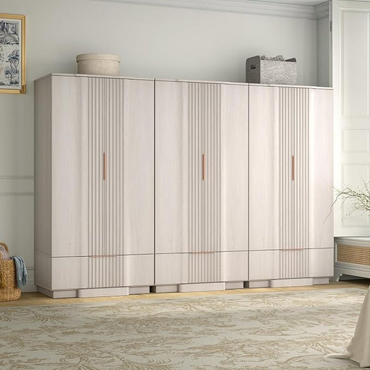 Yechen 67" Fluted Armoire Wardrobe Closet Set of 3 with Doors and Drawer, Wooden Wardrobe Closet Cabinet with Adjustable Shelve, Modern Small Armoires Storage Clothes, Coats for Bedroom, White, 3pcs