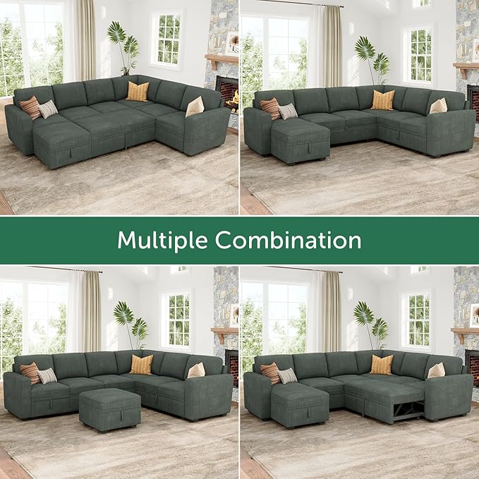 HONBAY Modular Sectional Sleeper Sofa with Pull Out Bed, Corduroy Couch with Storage Seats Ottoman, U Shaped Sectional Couches for Living Room, Green