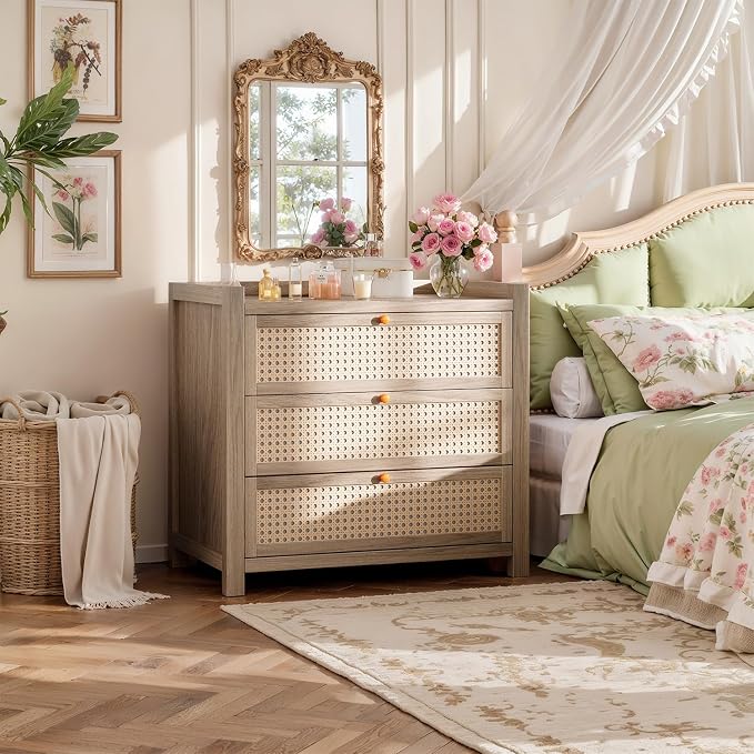 LGHM Large Night Stand with 3 Drawers, Nightstand for Bedroom with Type-C Charging Station, Boho Bed Side Table with Drawers,30" W End Table for Bedroom, Living Room,Natural - Image 2