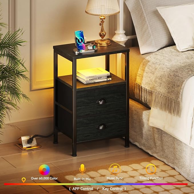 Furologee Nightstands Set of 2, End Tables with Charging Station and LED Lights, Black Night Stands with 2 Fabric Drawers, Bedside Tables Set of 2 for Living Room/Bedroom,Black Oak - Image 4