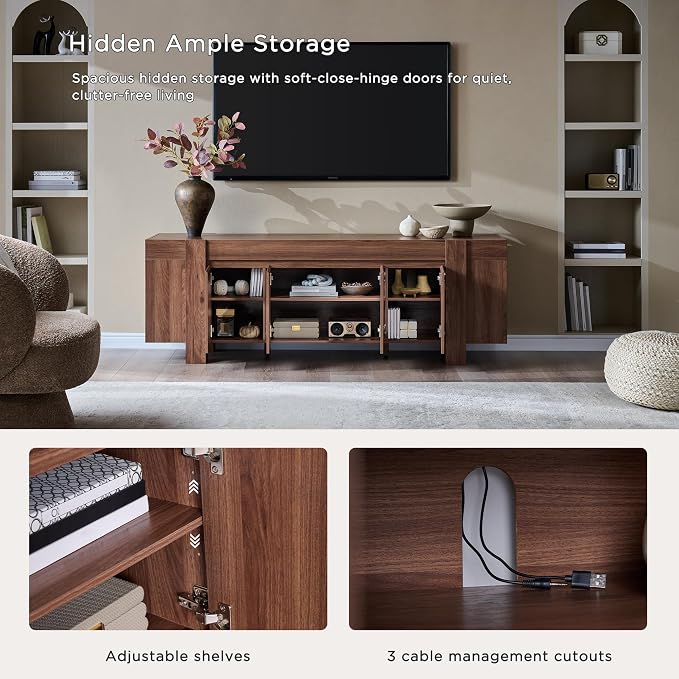 OKD Modern Farmhouse TV Stand, 70" Long Media Console Table with Storage Cabinet, Wooden Entertainment Center for Living Room, Walnut - Image 3