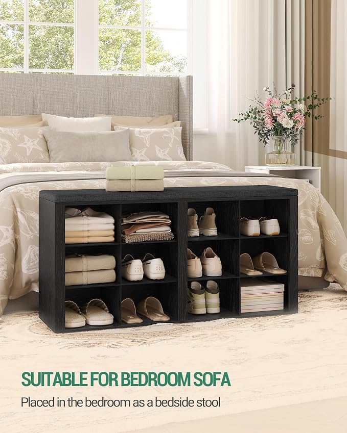 Hzuaneri Shoe Bench with Cushion, Entryway Storage Bench with 12 Cubbies, Cubby Shoe Rack with Adjustable Shelves, Shoe Organizer Cabinet for Living Room, Bedroom, Entryway, Black SB19004GY - Image 3