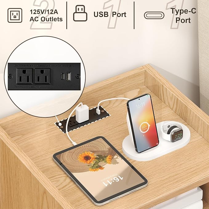 MECHYIN Night Stand Set 2, Nightstands Set of 2 with Charging Station, Rattan Side Tables with Solid Wood Legs, Boho Bedside End Table for Apartment Bedroom Dorm Small Space - Image 4