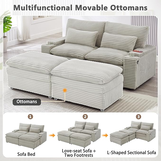 Modular Sectional Sofa Convertible Loveseat Couch,2-Seater Deep Seat Loveseat Sofas Fluffy Corduroy Cloud Couches with Movable Ottoman, Storage Armrest,USB Ports, Cup Holders