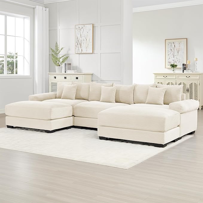 KEIKI 130" U-Shaped Oversized Corduroy Modular Cloud Sectional Sofa with 2 Ottoman, High-Density Foam Cushion, Extra-Thick Armrest, 3-Seater Fluffy Corner Couch with 9 Pillow, for Living Room, Beige
