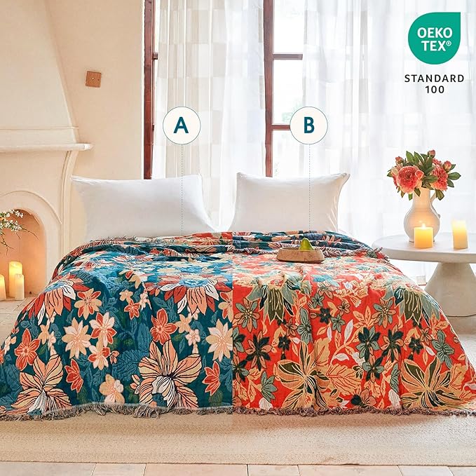 Boho Throw Blanket - 100% Cotton Ultra Soft Muslin Blanket, 50"x60" Lightweight Floral Framhouse Bedding Spring Blanket for Bed, All Season Green Bohemian Bedroom Home Decor Quilt