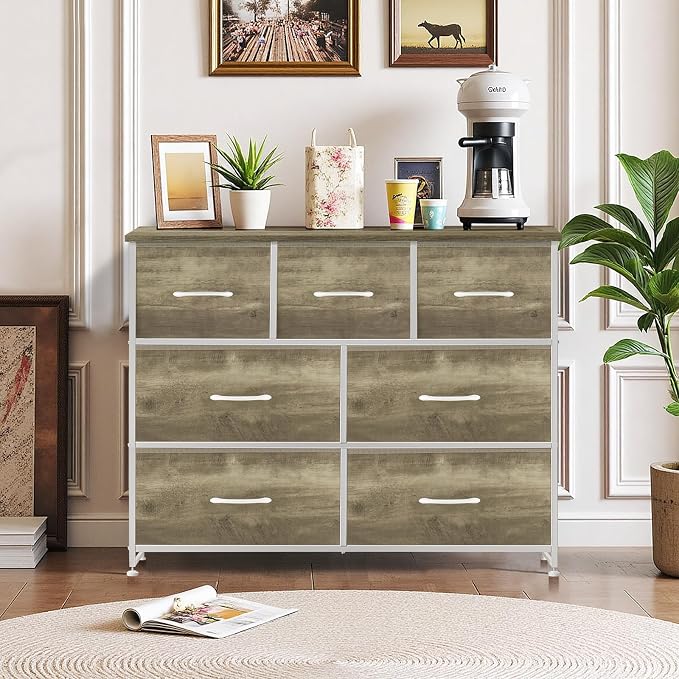 7-Drawer Dresser for Bedroom, Anti-Tip Wide Storage Organizer Fabric Chest of Drawers TV Stand for 45" TV with Wooden Top and Metal Frame for Closet, Living Room, Hallway, Entryway, Greige Oak - Image 2