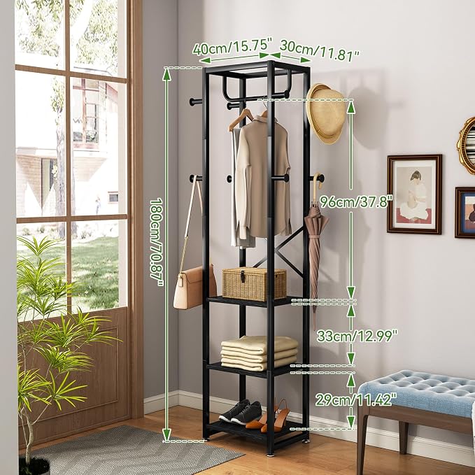 IBUYKE Coat Rack with Shelves, Freestanding Hall Tree with 3 Shelves and 8 Hooks, Industrial Clothes Stand for Entryway, Hallway, Bedroom, Black UTMJ088B - Image 6
