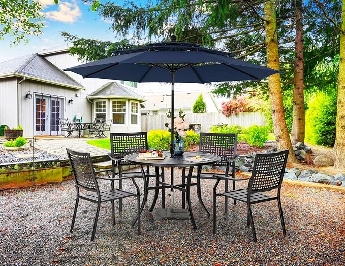 PHI VILLA Outdoor Round Dining Table for 4, 42" Large Metal Wrought Iron Table with Umbrella Hole, All Weather Dining Furniture for Patio, Deck, Yard, Porch - Black - Image 6