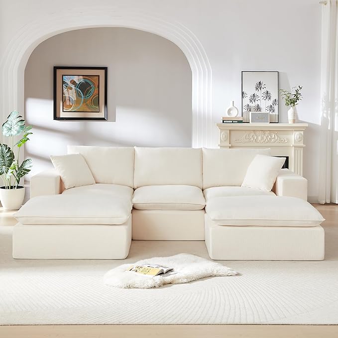 Cloud Modular Sectional Couches Boneless Sofa for Living Room, Oversized U Shaped Floor Couch with Movable Ottomans, Memory Foam Compressed 4 Seater Sofa for Bedroom Apartment | Plush, Wider Armrest, Free Combination