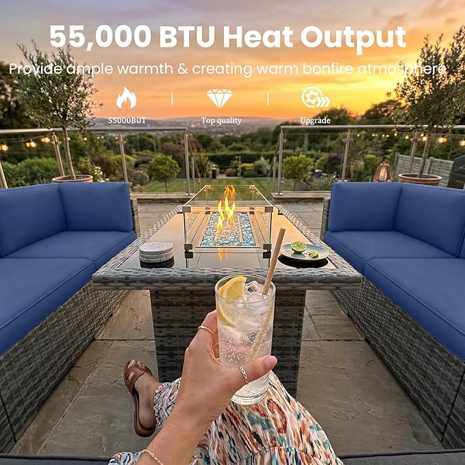 8 Pieces Patio Furniture Set with 44" Propane Gas Fire Pit Table, Outdoor Sectional Wicker Conversation Sofa Sets with Coffee Table