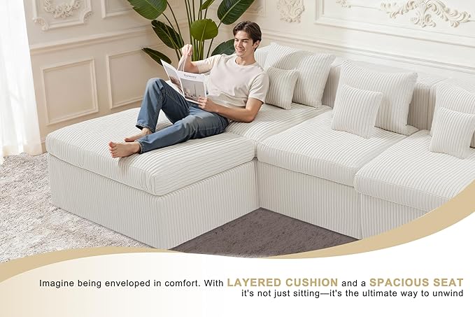 Homguava Modular Sectional Couches for Living Room,101" Cloud Couch with L-Shape Chaise,Comfy Sofa Living Room Couch with Deep Seat,No Assembly (Cordury Beige)