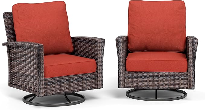 Patio Wicker Swivel Chairs Set of 2, Outdoor High Back Chairs with 5.5" Waterproof Cushions, Outdoor Furniture Set for Deck Porch and Yard, Red
