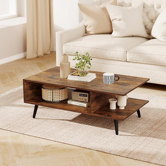 GOFLAME Wood Coffee Table, 2-Tier Mid Century Modern Center Table with 2 Open Storage Compartments & Metal Legs, Rectangular Accent Tea Tables for Living Room, Home Office, Apartment, Rustic Brown